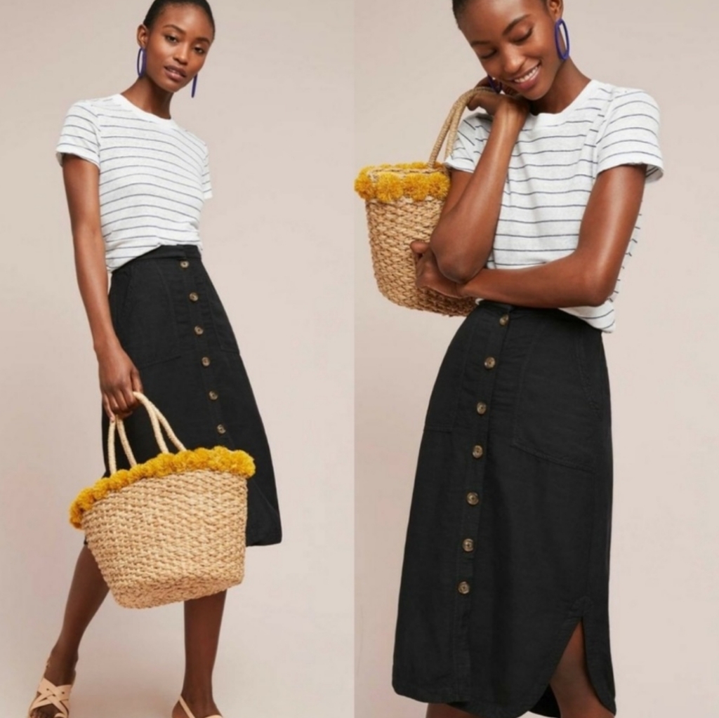Anthropologie Postmark Black Linen Blend Raleigh Button Down Midi Skirt 2